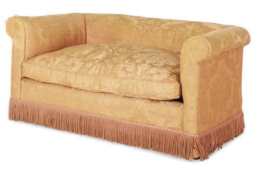 A ROSE SILK DAMASK COVERED LOVESEAT,