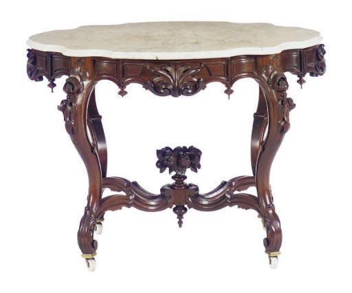 AN AMERICAN CARVED MAHOGANY AND MARBLE TOP CENTER TABLE,