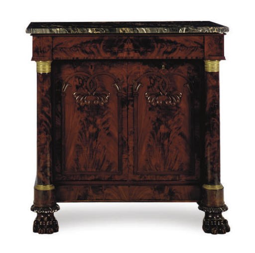 AN AMERICAN CLASSICAL MAHOGANY MARBLE TOP PIER TABLE AND CABINET,