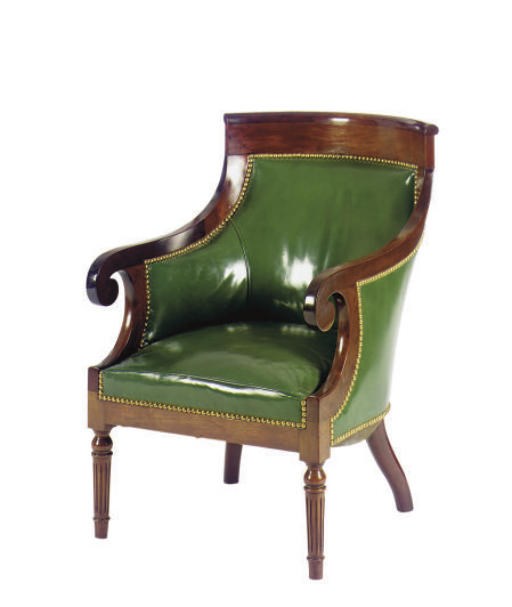 A FRENCH LEATHER UPHOLSTERED BERGERE,