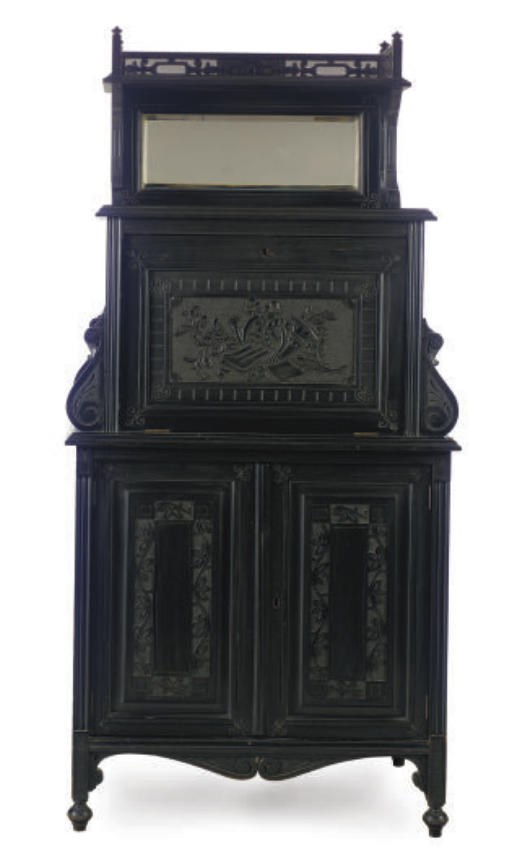 AN AESTHETIC MOVEMENT EBONIZED CHERRYWOOD MUSIC CABINET,