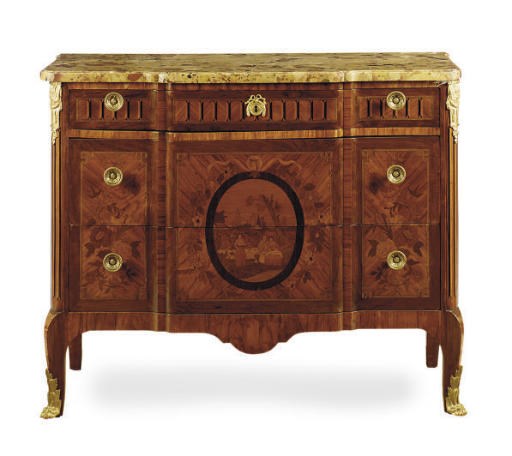 A FRENCH GILT-BRONZE MOUNTED, MARQUETRY INLAID KINGWOOD AND TULIPWOOD MARBLE TOP COMMODE,