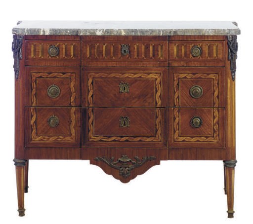 A FRENCH AMARANTH AND FRUITWOOD MARQUETRY MARBLE TOP COMMODE,