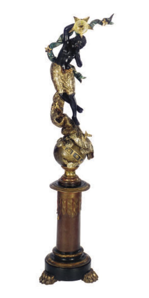 A VENETIAN POLYCHROME BLACKAMOOR TORCHERE ON PEDESTAL STAND,