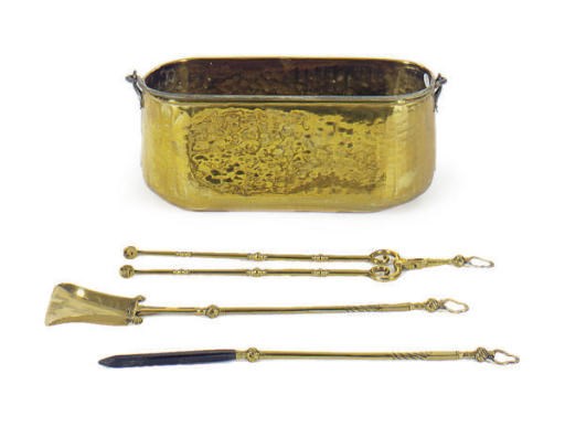 A GROUP OF THREE FIRE TOOLS AND A BRASS LOG BUCKET,