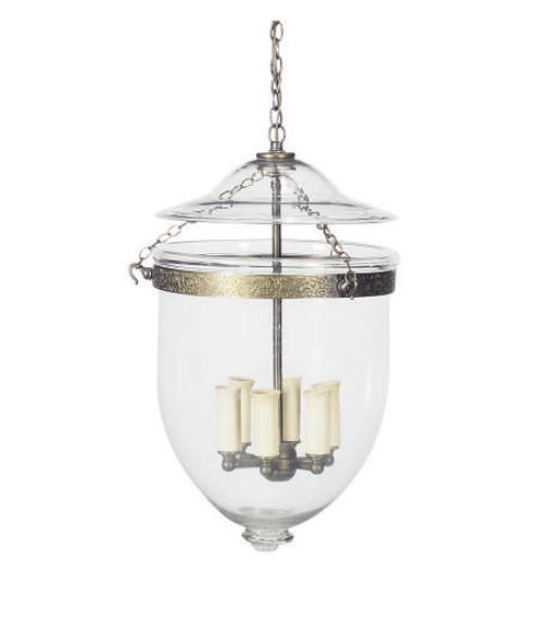 A BRASS AND GLASS HALL LANTERN,