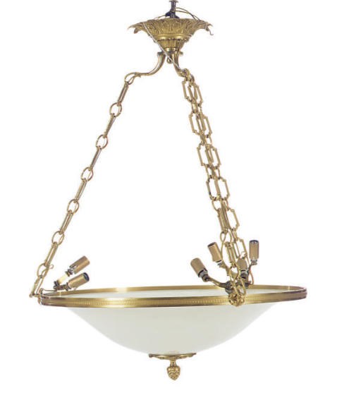 A GILT-METAL AND MILK GLASS CEILING FIXTURE,