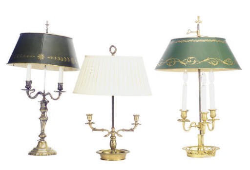 A GROUP OF THREE BRASS BOULLOTTE LAMPS,