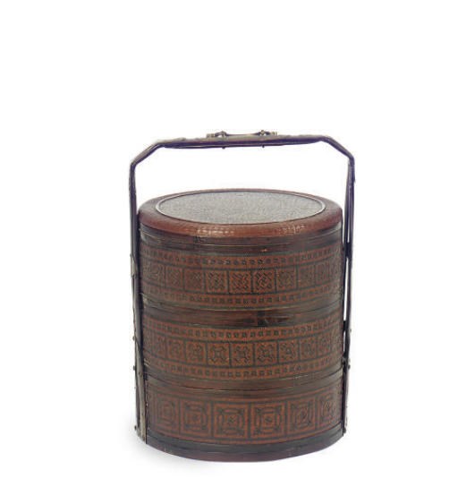 A METAL-MOUNTED JAPANESE PICNIC OR WEDDING BASKET,