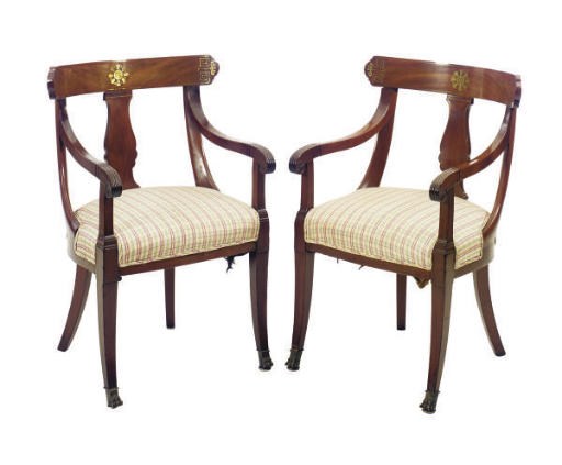 A SET OF EIGHT BALTIC BRASS INLAID MAHOGANY DINING CHAIRS,