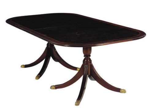 AN ENGLISH MAHOGANY TWIN-PEDESTAL DINING TABLE,