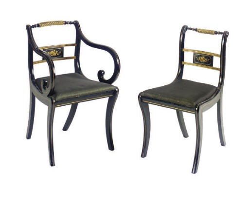 A SET OF EIGHT PARCEL-GILT AND EBONIZED DINING CHAIRS,