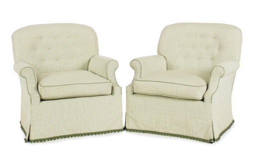 A PAIR OF GREEN CHECKERED UPHOLSTERED CLUB CHAIRS,
