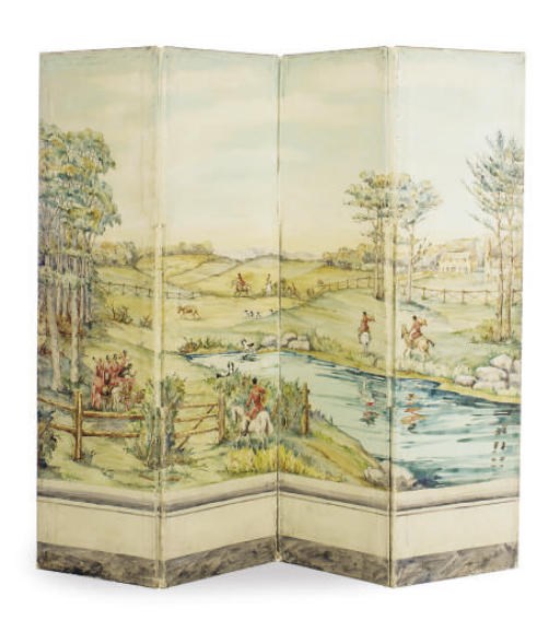 A FOUR-PANEL PAINTED HUNTING SCENE SCREEN,