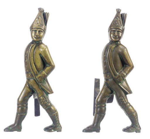 A PAIR OF HESSIAN-FORM BRASS ANDIRONS,