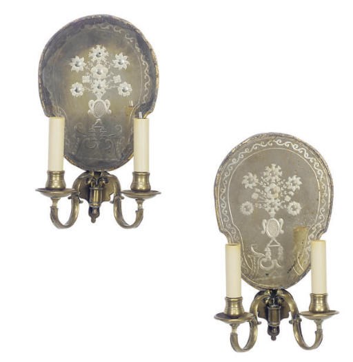 A PAIR OF BRASS AND ETCHED GLASS TWO-LIGHT WALL LIGHTS,