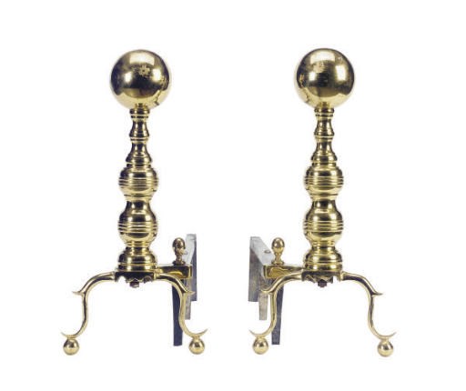 A PAIR OF AMERICAN BRASS BALL-FORM ANDIRONS,