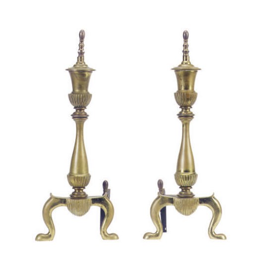 A PAIR OF BRASS URN-FORM ANDIRONS,