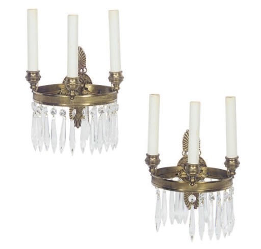 A PAIR OF GILT-METAL AND CUT GLASS THREE-BRANCH WALL LIGHTS,