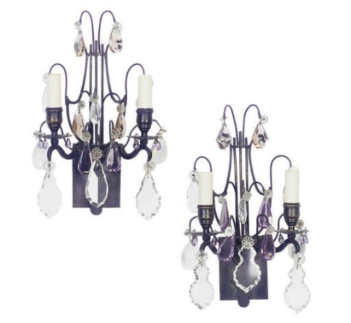 A PAIR OF PATINATED BRONZE AND COLORED GLASS LYRE-FORM TWO-BRANCH WALL-LIGHTS,