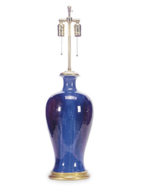 A CHINESE AUGURGINE FLAMBE GLAZED VASE MOUNTED AS A LAMP,