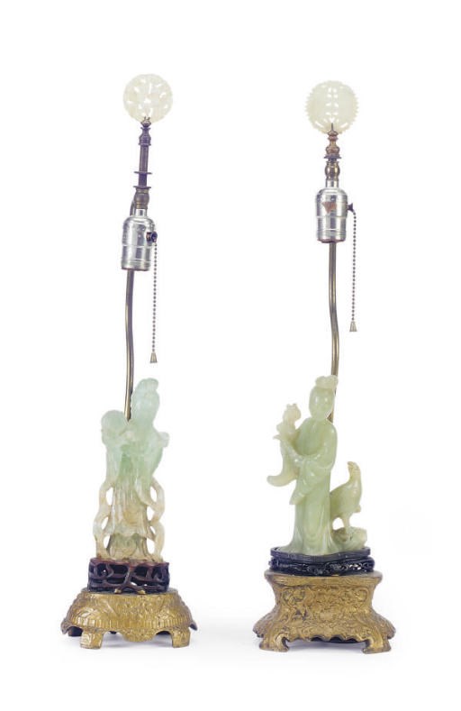 A PAIR OF CHINESE CARVED STONE FIGURES MOUNTED AS LAMPS,