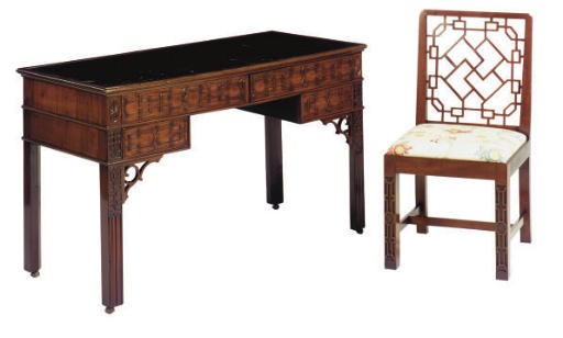 AN ENGLISH MAHOGANY FRET-WORK WRITING TABLE AND CHAIR,
