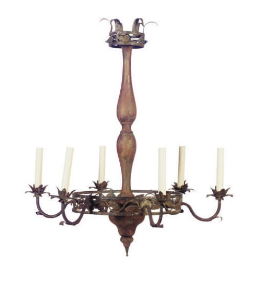 A PAINTED METAL AND WOOD SIX-LIGHT CHANDELIER,