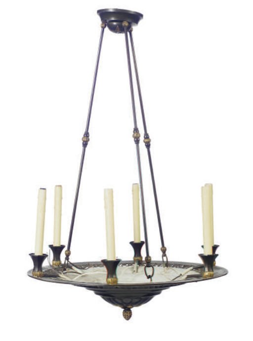 A BRONZED AND PARCEL-GILT SIX-LIGHT CHANDELIER,