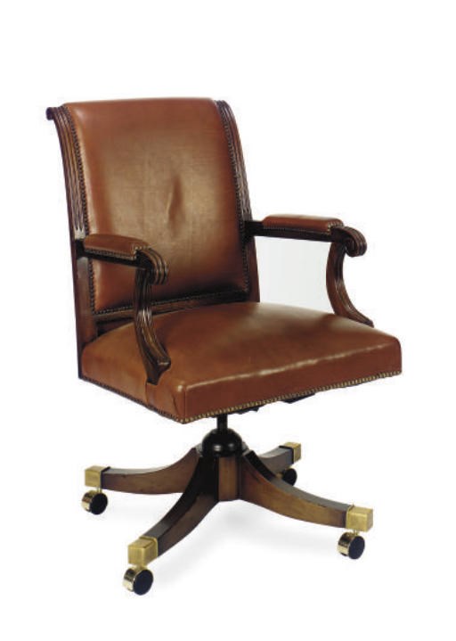 A MAHOGANY AND LEATHER UPHOLSTERED SWIVEL DESK CHAIR,