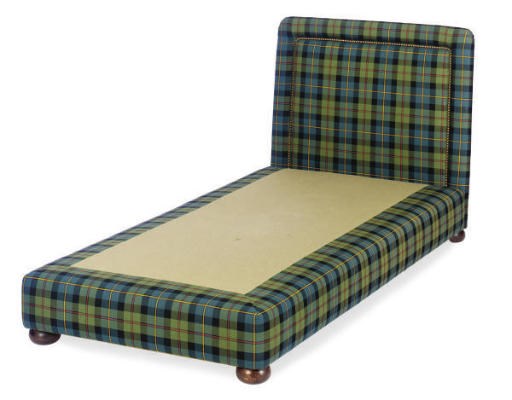 A PLAID UPHOLSTERED TWIN BED FRAME,