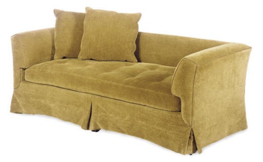 A TAUPE UPHOLSTERED SOFA AND BROWN LEATHER OTTOMAN,