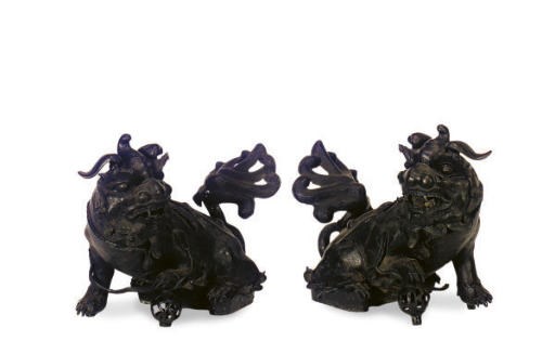 A PAIR OF CHINESE PATINATED BRONZE DOGS,