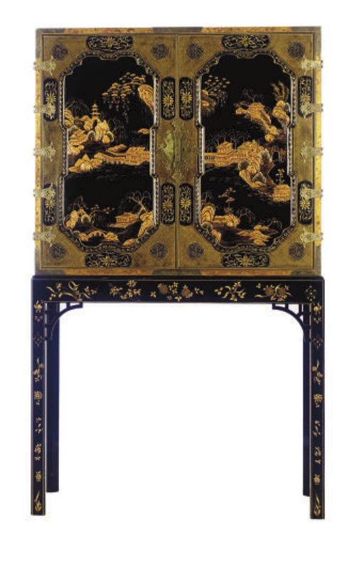 A BLACK AND GILT JAPANNED CABINET-ON-STAND,