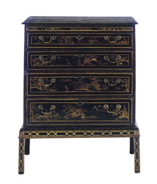 A BLACK AND GILT JAPANNED CHEST-ON-STAND,