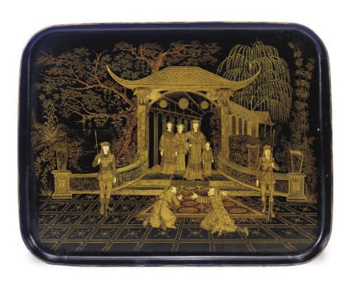 A CHINESE GOLD AND BLACK LACQUER TRAY,