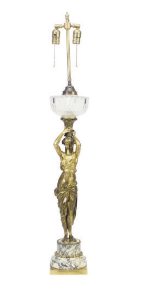 A PAIR OF FRENCH GILT-BRONZE AND MARBLE FIGURAL FLUID LAMPS,