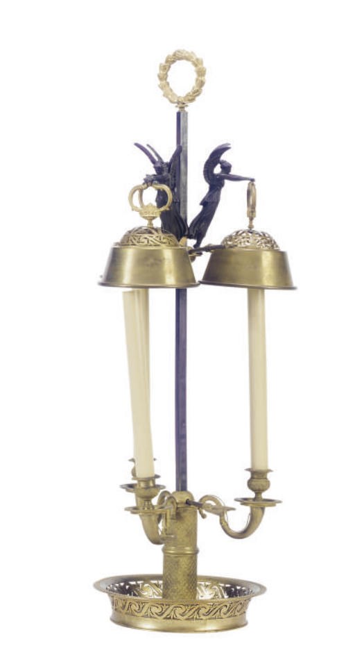 A FRENCH PATINATED AND GILT-BRONZE BOUILLOTTE LAMP,