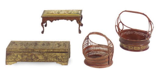 A WALNUT FOOTSTOOL AND A GREEN-PAINTED AND GILTWOOD WALL MIRROR,