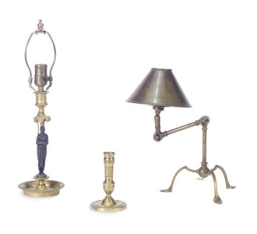 A PATINATED AND GILT-BRONZE CANDLESTICK LAMP,
