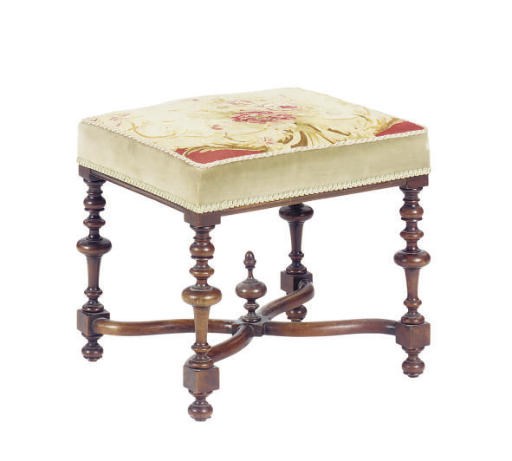 A CONTINENTAL AUBUSSON UPHOLSTERED CARVED WALNUT STOOL,