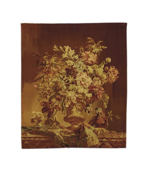 AN AUBUSSON TAPESTRY FRAGMENT OF FLOWERS WITH A PARROT,