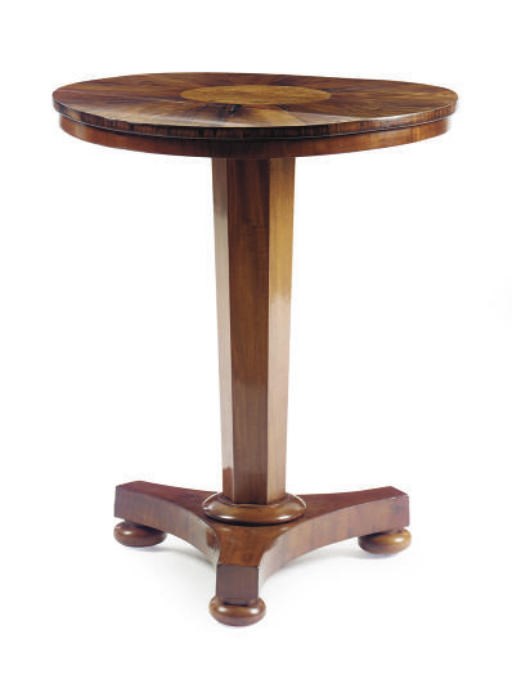 A NORTH EUROPEAN AMBOYNA AND WALNUT CIRCULAR TABLE,