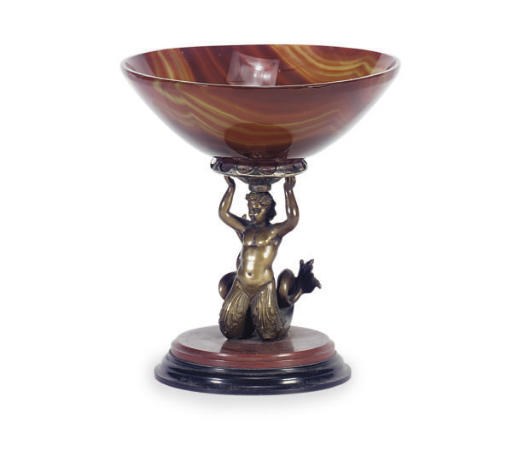 A CONTINENTAL BRASS AND AGATE TAZZA,