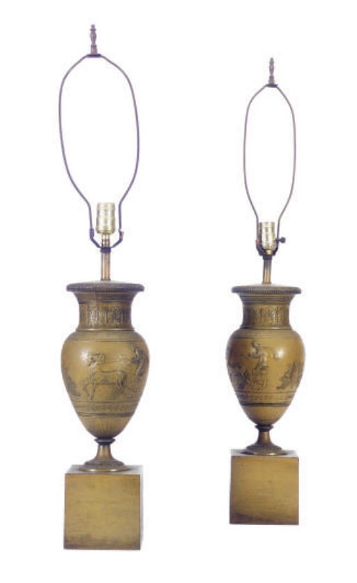 A PAIR OF YELLOW-PAINTED METAL URN-FORM LAMPS,