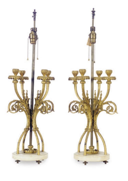 A PAIR OF FRENCH GILT-BRONZE FOUR-BRANCH CANDELABRA MOUNTED AS LAMPS,