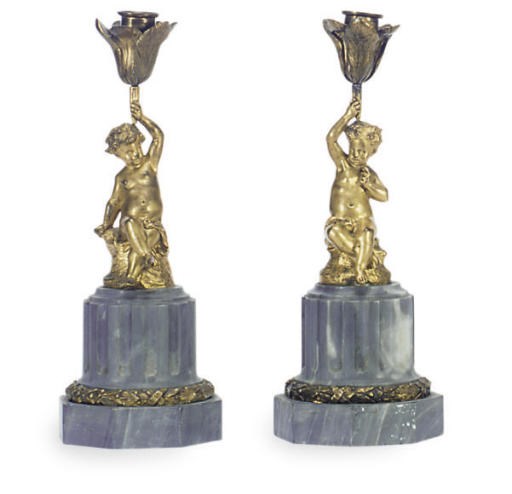A PAIR OF FRENCH GILT-BRONZE AND MARBLE CANDLESTICKS,