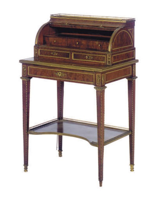 A FRENCH BRASS-MOUNTED PLUM PUDDING MAHOGANY BONHEUR DU JOUR,