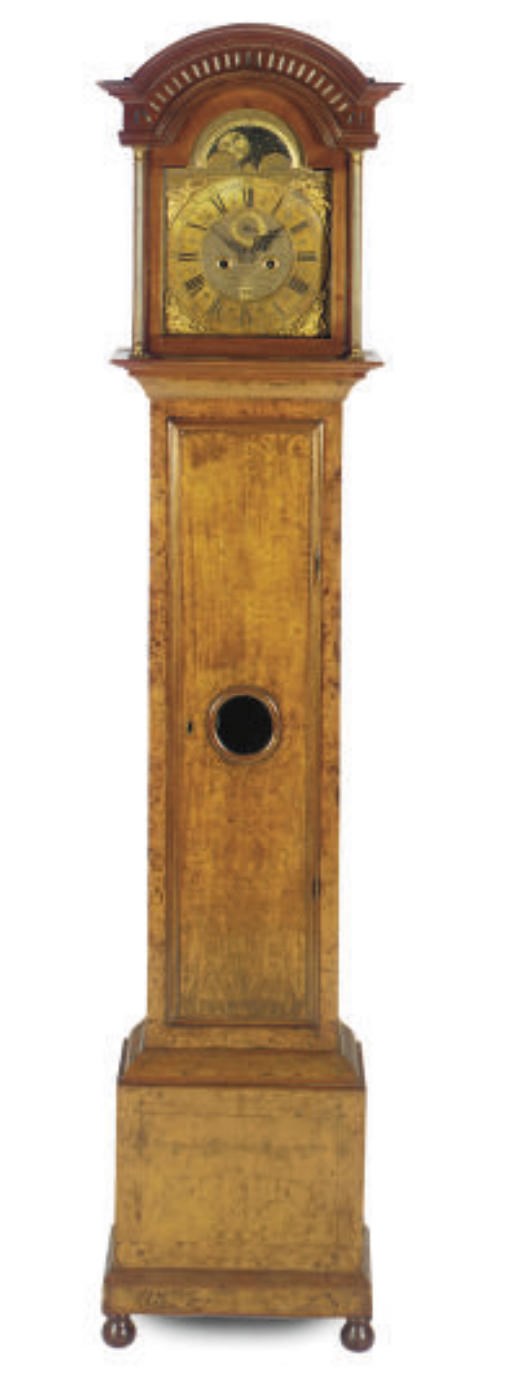 A WALNUT AND MARQUETRY LONG CASE CLOCK,