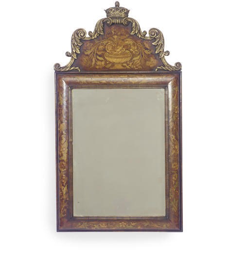 A DUTCH MARQUETRY WALNUT AND PARCEL-GILT MIRROR,